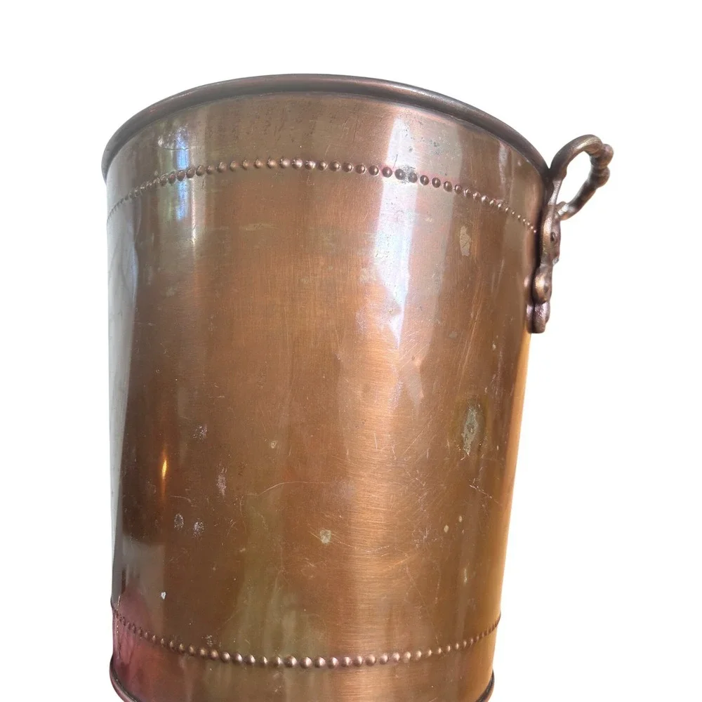 Vintage Solid Copper Bucket Wine Chiller Planter Beaded Trim Shell Handles 9